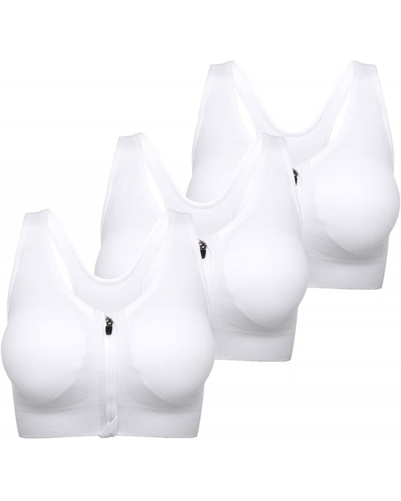 Front Zipper Sports Bras for Women Wireless Post-Surgery Bra Racerback Workout Gym Yoga Sports Bra 3 Pack White $22.54 Lingerie