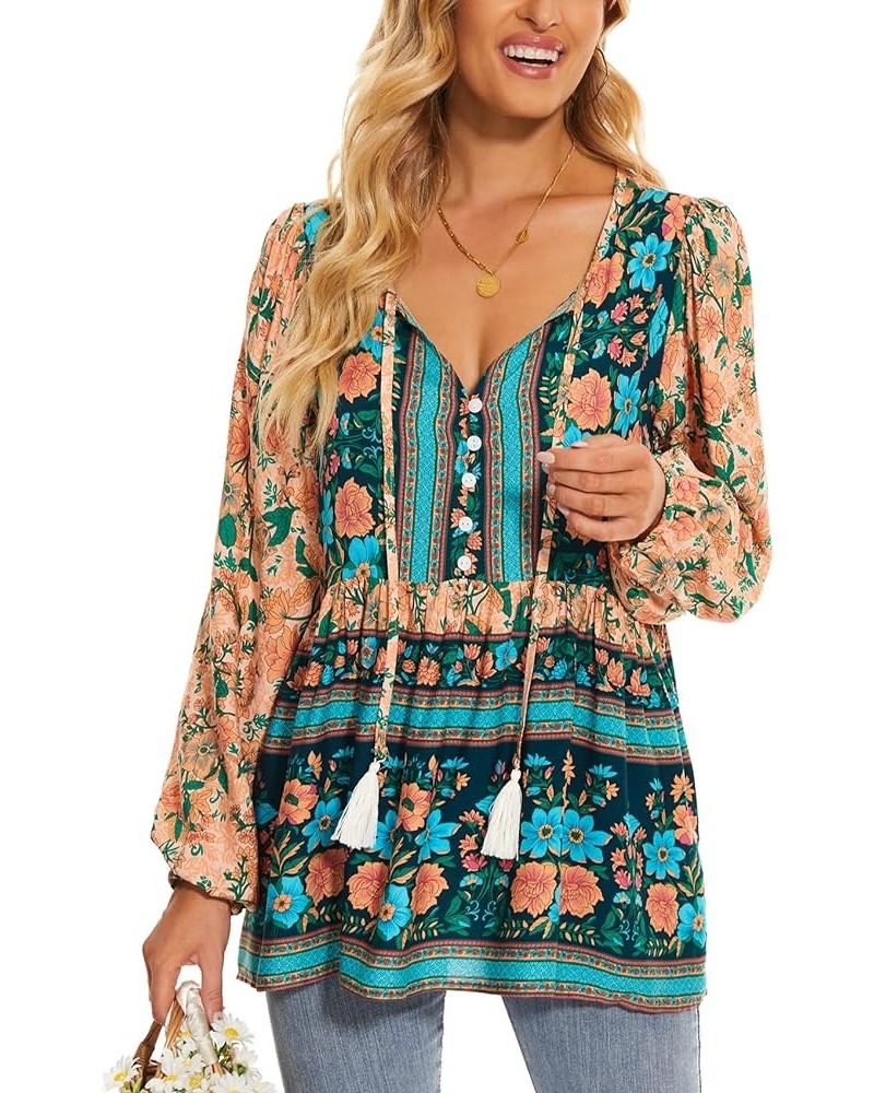 Women's Floral Boho Tunic Tops Casual Long Sleeve Loose Beach Blouses Self-Tie V Neck T Shirts C-navy $10.99 Tops