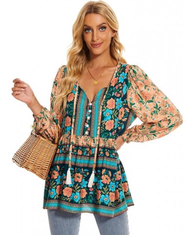 Women's Floral Boho Tunic Tops Casual Long Sleeve Loose Beach Blouses Self-Tie V Neck T Shirts C-navy $10.99 Tops