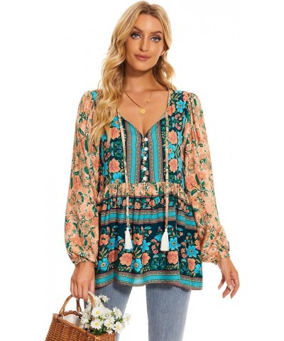 Women's Floral Boho Tunic Tops Casual Long Sleeve Loose Beach Blouses Self-Tie V Neck T Shirts C-navy $10.99 Tops