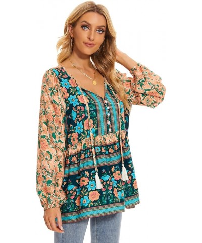 Women's Floral Boho Tunic Tops Casual Long Sleeve Loose Beach Blouses Self-Tie V Neck T Shirts C-navy $10.99 Tops