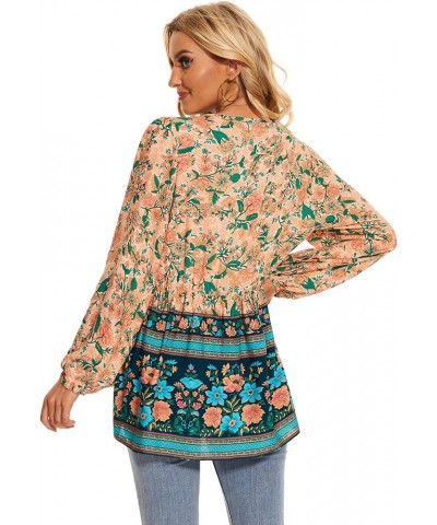 Women's Floral Boho Tunic Tops Casual Long Sleeve Loose Beach Blouses Self-Tie V Neck T Shirts C-navy $10.99 Tops