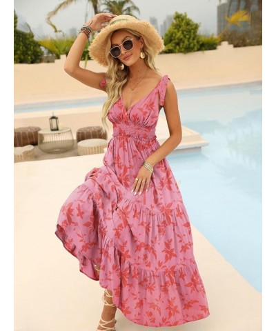 Women's Summer V Neck Tie Strap Maxi Dress Halter Ruffle Hem Long Dresses Spaghetti Strap Long Flowy Dresses Red Leaf Maple $...