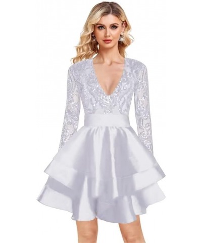 Long Sleeve Sequin Homecoming Dresses for Teens V Neck Layered Short Sparkly Evening Party Dress 2023 White $37.80 Dresses