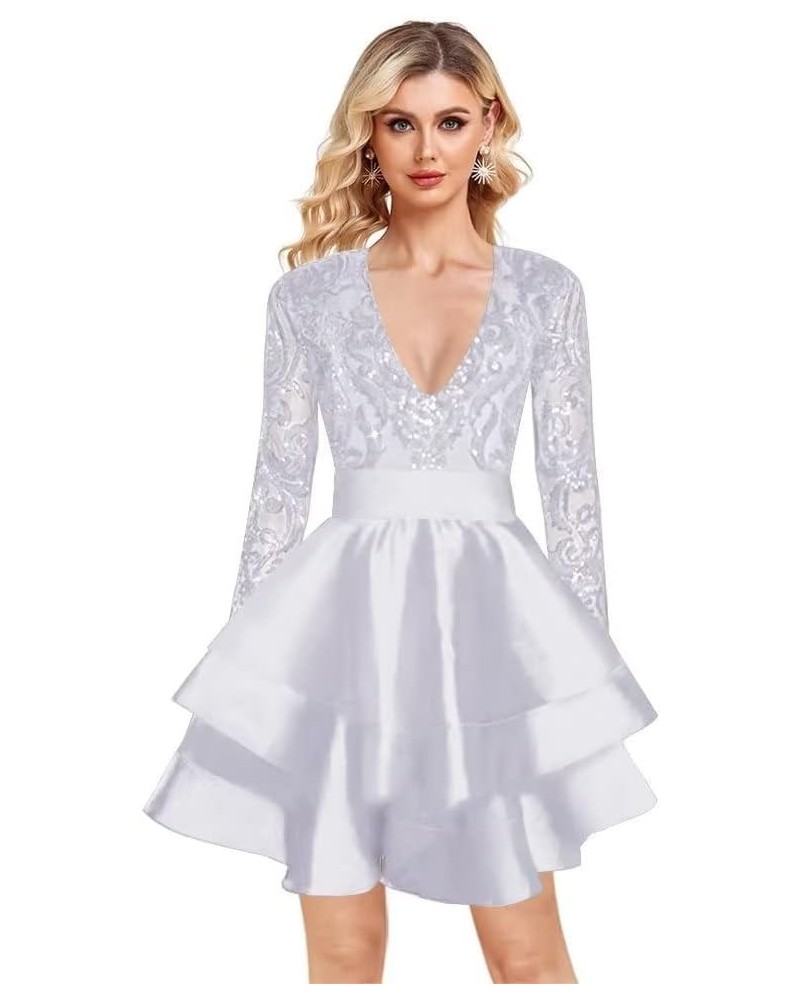 Long Sleeve Sequin Homecoming Dresses for Teens V Neck Layered Short Sparkly Evening Party Dress 2023 White $37.80 Dresses