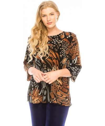 Women's Print T Shirt - 3/4 Sleeve Merrow Hem Round Neck Stretch Printed Casual Top Blouse W207 Brown $21.93 Tops