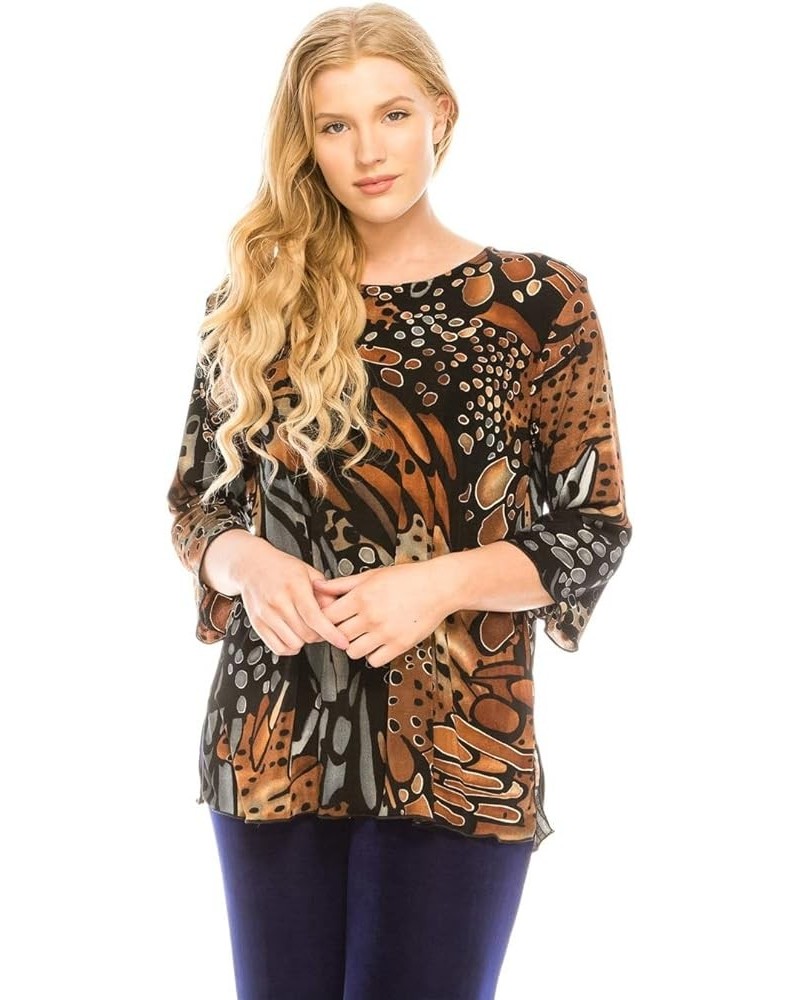 Women's Print T Shirt - 3/4 Sleeve Merrow Hem Round Neck Stretch Printed Casual Top Blouse W207 Brown $21.93 Tops