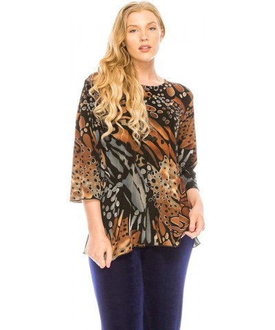 Women's Print T Shirt - 3/4 Sleeve Merrow Hem Round Neck Stretch Printed Casual Top Blouse W207 Brown $21.93 Tops