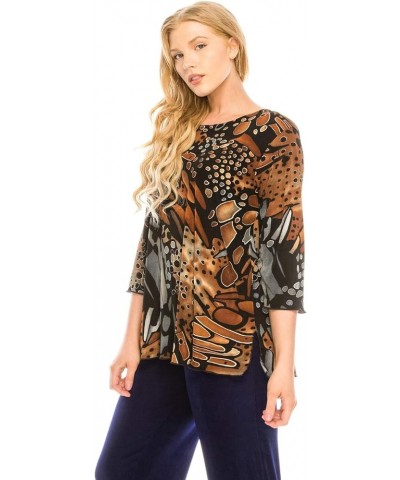 Women's Print T Shirt - 3/4 Sleeve Merrow Hem Round Neck Stretch Printed Casual Top Blouse W207 Brown $21.93 Tops