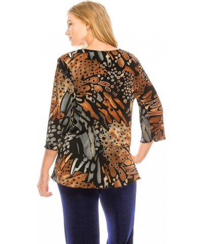 Women's Print T Shirt - 3/4 Sleeve Merrow Hem Round Neck Stretch Printed Casual Top Blouse W207 Brown $21.93 Tops