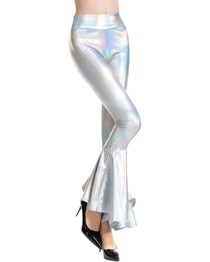 Metallic Flare Ruffle Bell Bottom Pants for Women High Waist Long Skinny Leggings 70s Disco Dance Yoga Pants Trousers Laser S...