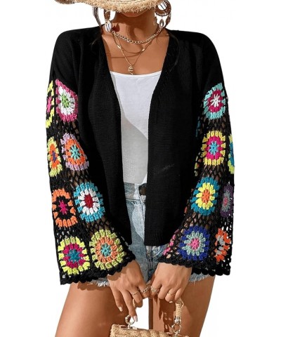 Women's Floral Crochet Long Sleeve Drop Shoulder Open Front Cardigan Sweater Black $10.61 Sweaters