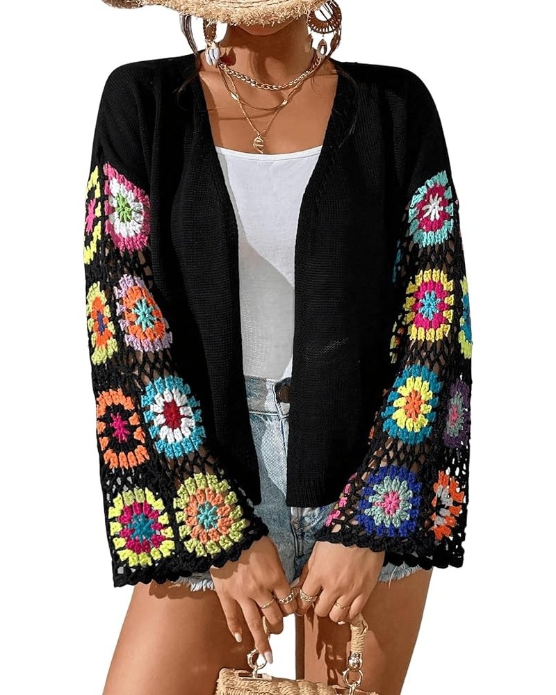 Women's Floral Crochet Long Sleeve Drop Shoulder Open Front Cardigan Sweater Black $10.61 Sweaters