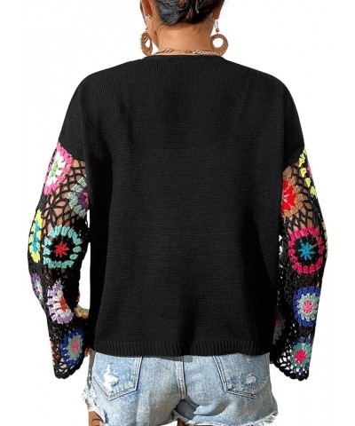 Women's Floral Crochet Long Sleeve Drop Shoulder Open Front Cardigan Sweater Black $10.61 Sweaters