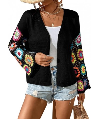 Women's Floral Crochet Long Sleeve Drop Shoulder Open Front Cardigan Sweater Black $10.61 Sweaters