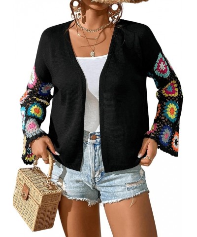 Women's Floral Crochet Long Sleeve Drop Shoulder Open Front Cardigan Sweater Black $10.61 Sweaters