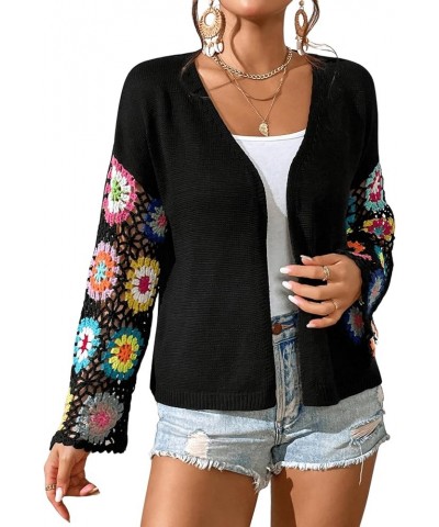 Women's Floral Crochet Long Sleeve Drop Shoulder Open Front Cardigan Sweater Black $10.61 Sweaters