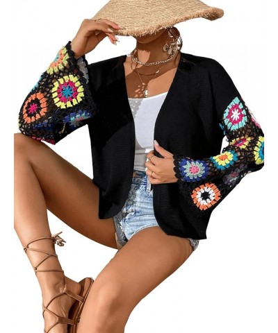 Women's Floral Crochet Long Sleeve Drop Shoulder Open Front Cardigan Sweater Black $10.61 Sweaters