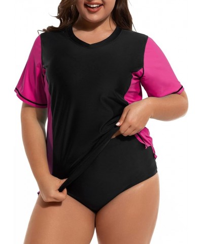 Women's Plus Size Rash Guard UV Sun Protection Swim Shirts Short Sleeve Swimwear Swimsuit Tops Black & Pink V Neck $12.50 Swi...