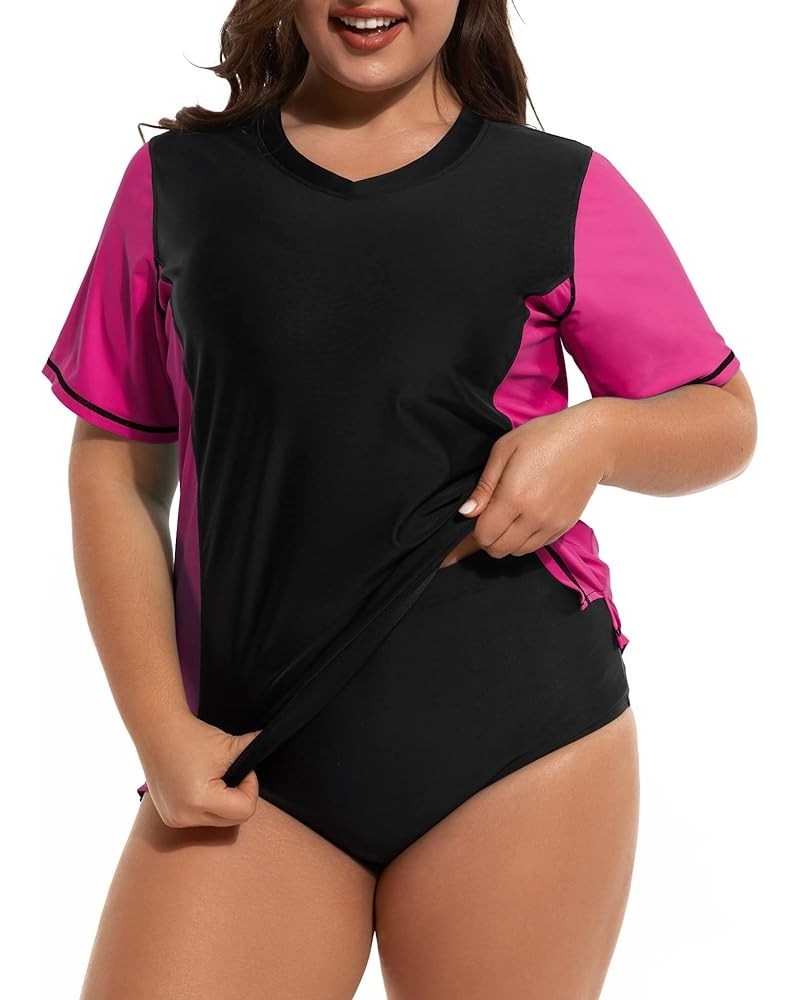 Women's Plus Size Rash Guard UV Sun Protection Swim Shirts Short Sleeve Swimwear Swimsuit Tops Black & Pink V Neck $12.50 Swi...