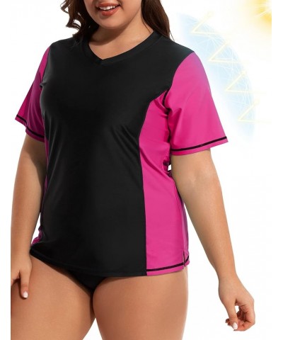 Women's Plus Size Rash Guard UV Sun Protection Swim Shirts Short Sleeve Swimwear Swimsuit Tops Black & Pink V Neck $12.50 Swi...