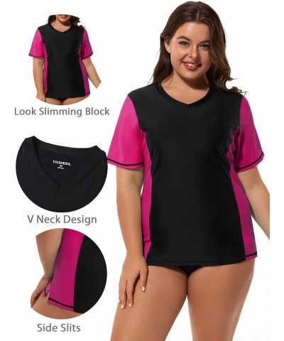 Women's Plus Size Rash Guard UV Sun Protection Swim Shirts Short Sleeve Swimwear Swimsuit Tops Black & Pink V Neck $12.50 Swi...