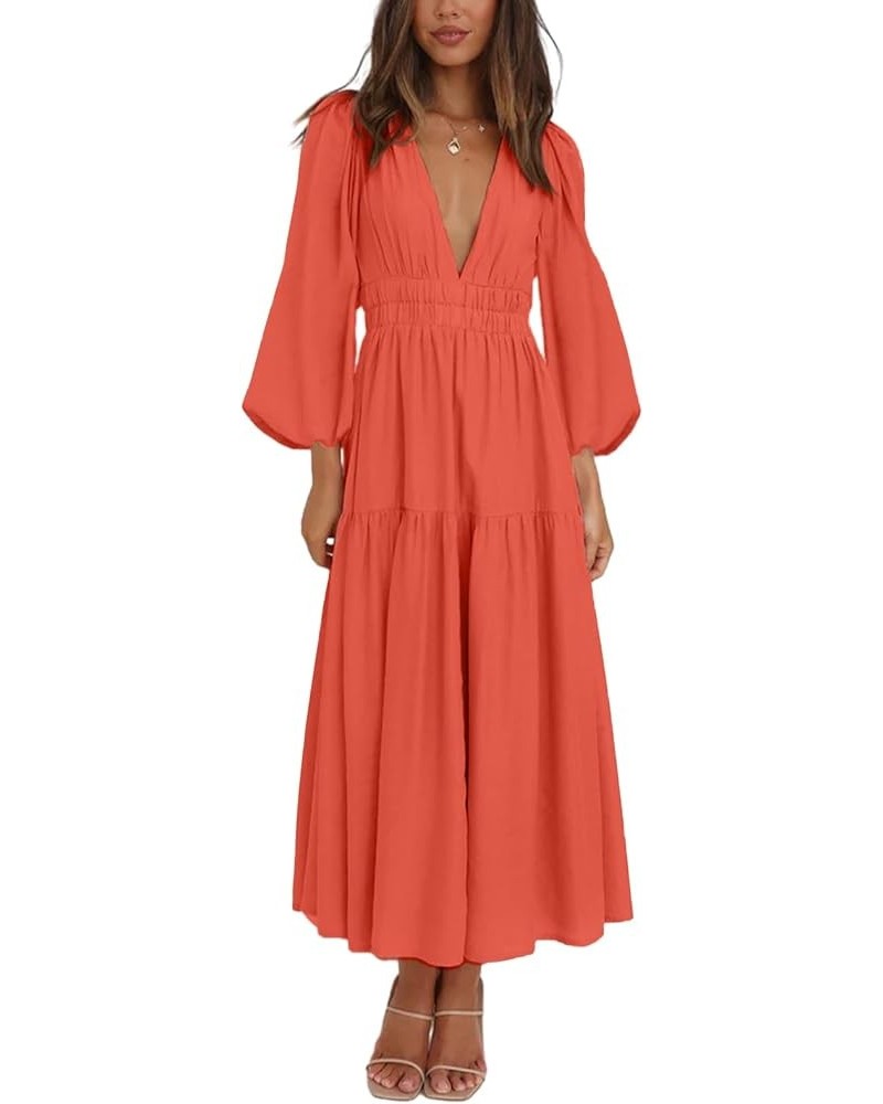 Women 2023 Summer Puff Sleeve Maxi Dresses Smocked Floral Dress Crewneck Lace Flowy Tiered Midi Dresses 5-watermelon Red $14....