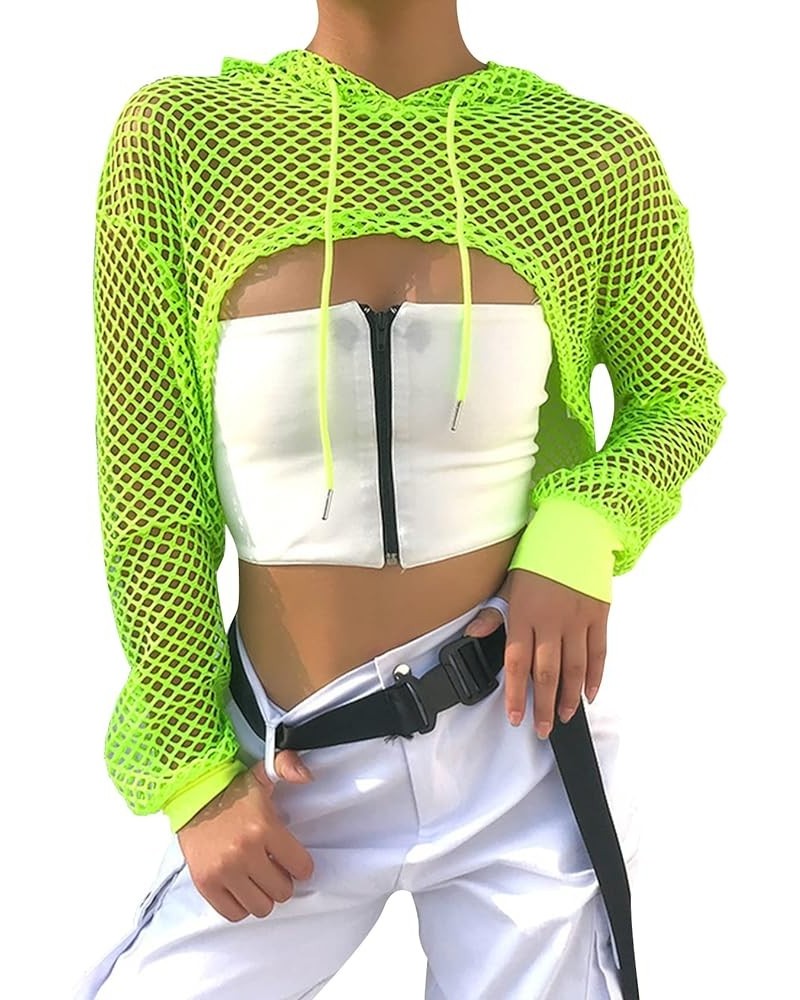 Women's Y2K Sexy Long Sleeve Clubwear Neon Fishnet Crop Top Hoodie T-Shirt Green $13.74 Hoodies & Sweatshirts