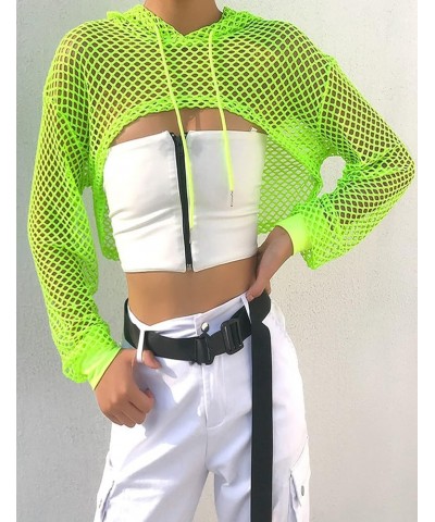 Women's Y2K Sexy Long Sleeve Clubwear Neon Fishnet Crop Top Hoodie T-Shirt Green $13.74 Hoodies & Sweatshirts