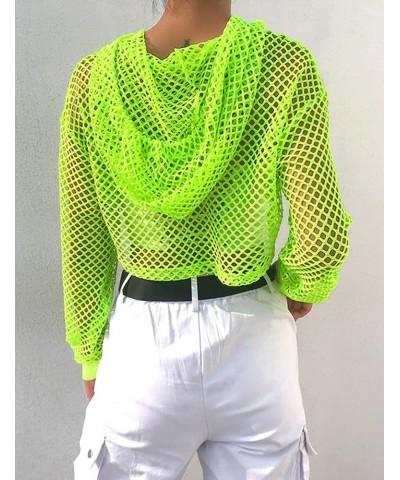 Women's Y2K Sexy Long Sleeve Clubwear Neon Fishnet Crop Top Hoodie T-Shirt Green $13.74 Hoodies & Sweatshirts