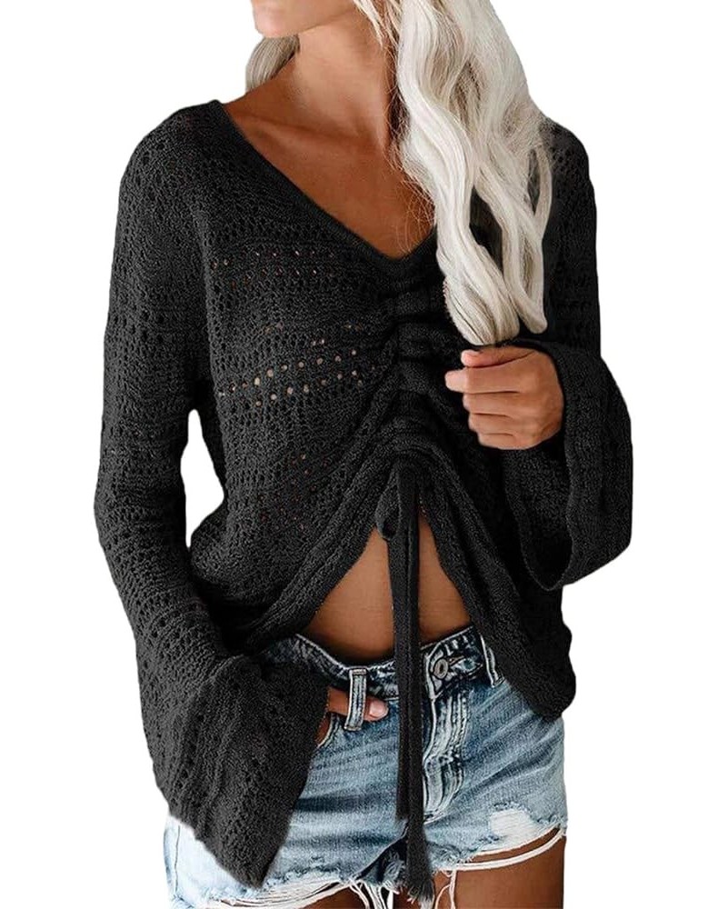 Womens Boho Off Shoulder Sheer Crop Tops Bell Sleeve Flowy Oversized Crochet Ruched Pullover Sweaters Pullover Sweaters Black...