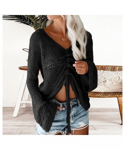 Womens Boho Off Shoulder Sheer Crop Tops Bell Sleeve Flowy Oversized Crochet Ruched Pullover Sweaters Pullover Sweaters Black...