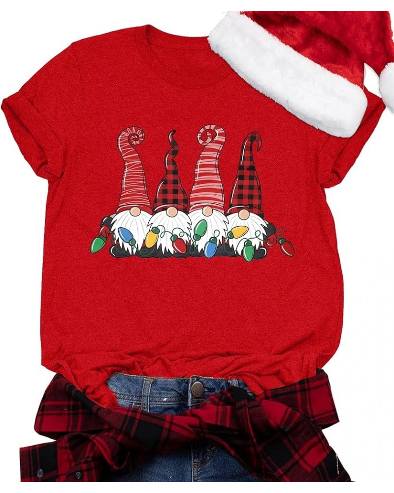 Merry Christmas Shirts for Women Xmas Buffalo Plaid Tree Shirt Top Short Sleeve Casual Graphic Print T Shirt Gnome-red $11.79...