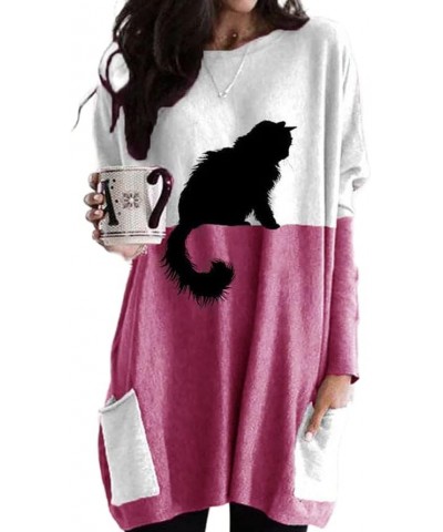 Women's Plus Size Cute Black Cat Print Tunic Tops, Casual Loose Stitching Long Sleeve Cat Shirt with Pockets B-red $18.28 Tops