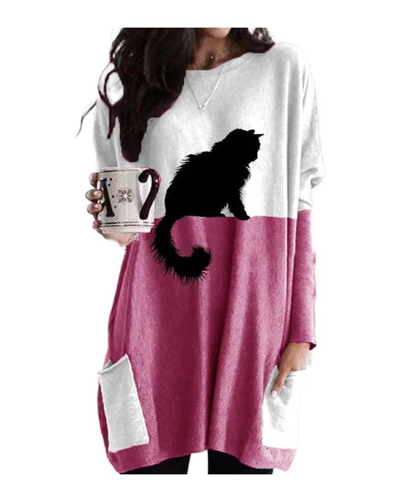 Women's Plus Size Cute Black Cat Print Tunic Tops, Casual Loose Stitching Long Sleeve Cat Shirt with Pockets B-red $18.28 Tops