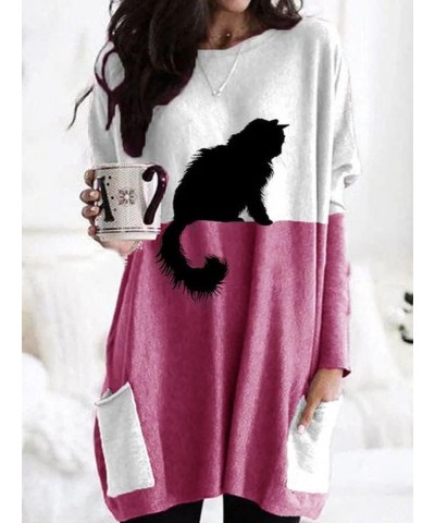 Women's Plus Size Cute Black Cat Print Tunic Tops, Casual Loose Stitching Long Sleeve Cat Shirt with Pockets B-red $18.28 Tops