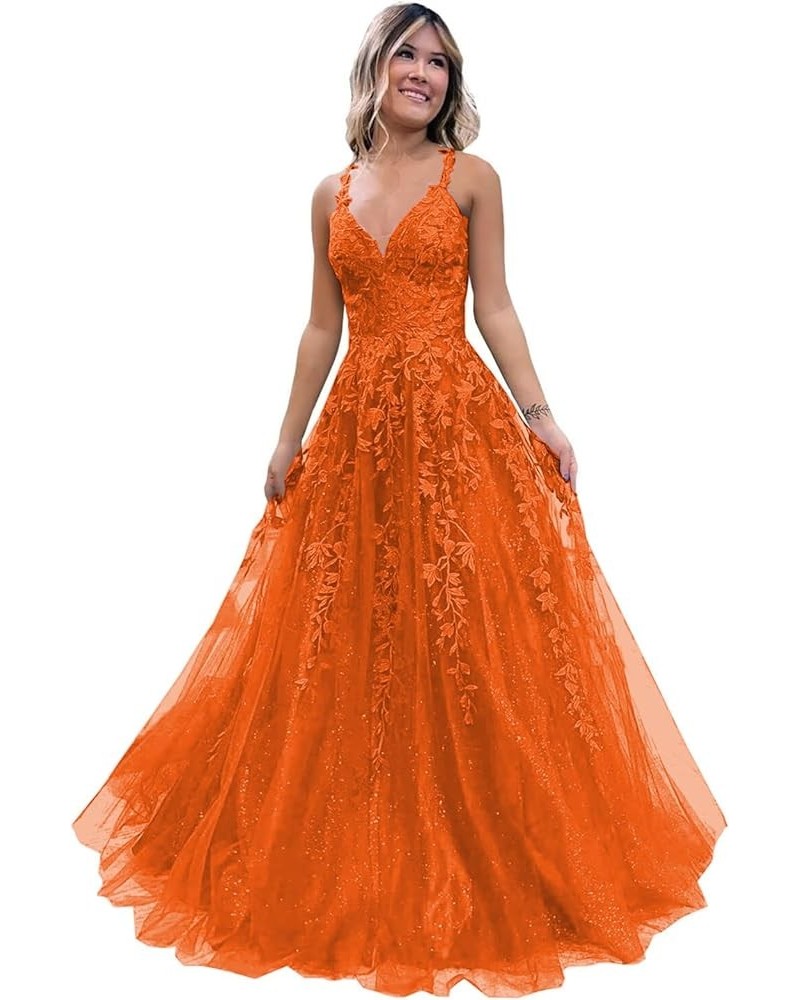 Tulle Lace Appliques Sparkly Prom Dresses for Women Ball Gown V Neck A Line Formal Party Dress Oange $36.55 Dresses