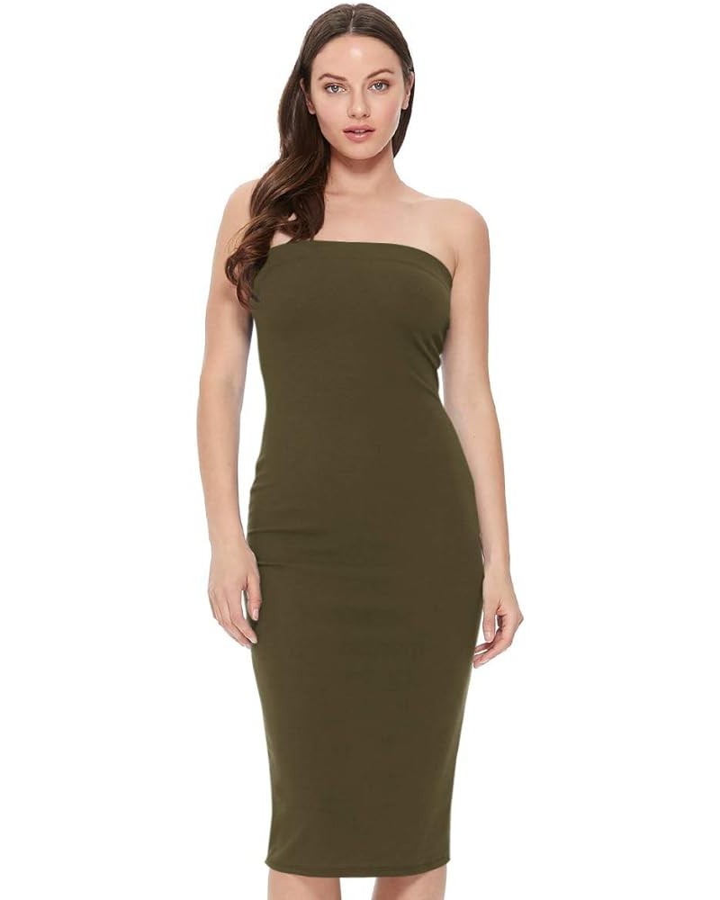 Women's Casual Solid Comfy Sexy Strapless Midi Bodycon Tube Dress/Made in USA Hdr00576 Olive $10.79 Dresses