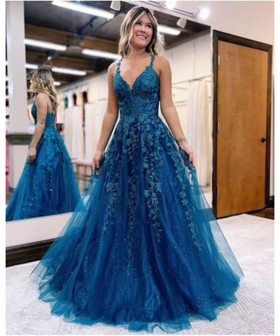 Tulle Lace Appliques Sparkly Prom Dresses for Women Ball Gown V Neck A Line Formal Party Dress Oange $36.55 Dresses