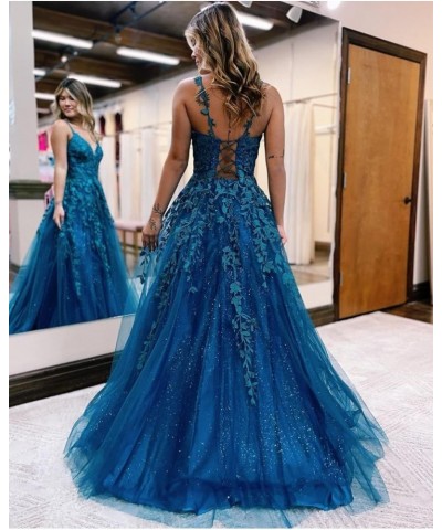 Tulle Lace Appliques Sparkly Prom Dresses for Women Ball Gown V Neck A Line Formal Party Dress Oange $36.55 Dresses