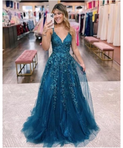 Tulle Lace Appliques Sparkly Prom Dresses for Women Ball Gown V Neck A Line Formal Party Dress Oange $36.55 Dresses