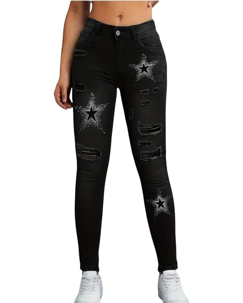 Women's Mid-Rise Ripped Jeans Distressed Star Printed Slim Skinny Pants Black $20.67 Jeans