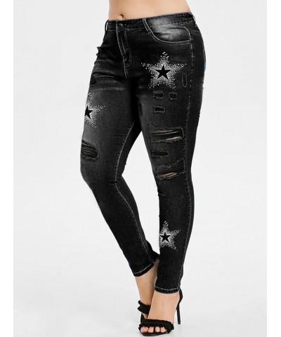 Women's Mid-Rise Ripped Jeans Distressed Star Printed Slim Skinny Pants Black $20.67 Jeans