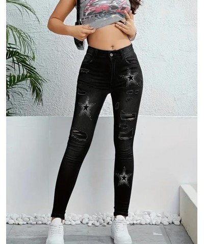 Women's Mid-Rise Ripped Jeans Distressed Star Printed Slim Skinny Pants Black $20.67 Jeans