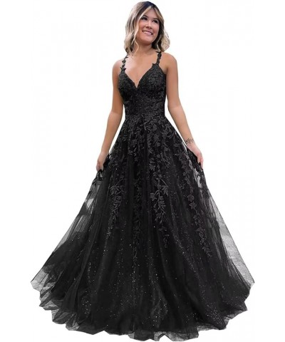 Tulle Lace Appliques Sparkly Prom Dresses for Women Ball Gown V Neck A Line Formal Party Dress Oange $36.55 Dresses