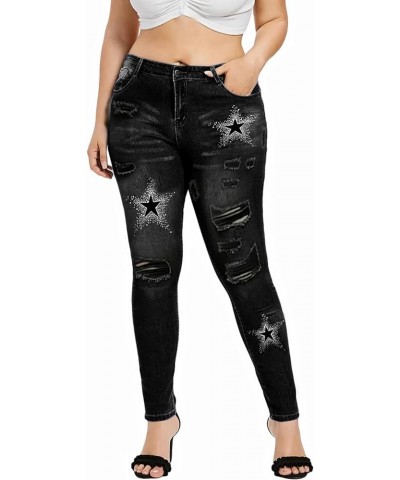 Women's Mid-Rise Ripped Jeans Distressed Star Printed Slim Skinny Pants Black $20.67 Jeans