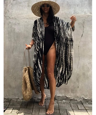 Tie Dye Kimono Swimsuit Cover up Open Front Long Loose Beach Cardigan with Belt Style7-white $16.79 Swimsuits