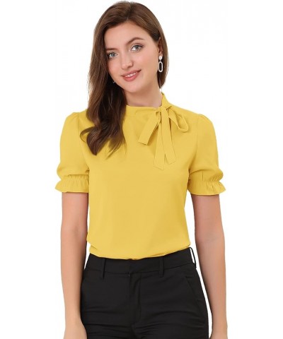 Women's Bow Tie Neck Tops Elegant Office Short Sleeve Blouse Yellow $15.67 Blouses