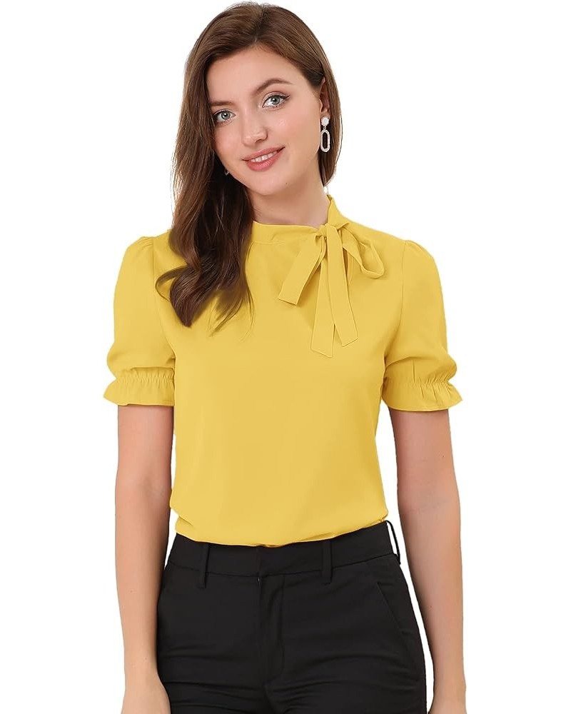 Women's Bow Tie Neck Tops Elegant Office Short Sleeve Blouse Yellow $15.67 Blouses