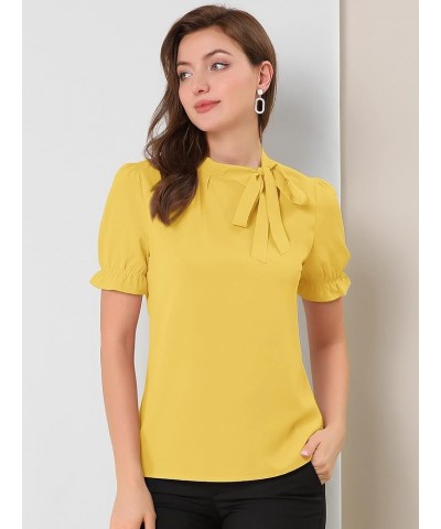 Women's Bow Tie Neck Tops Elegant Office Short Sleeve Blouse Yellow $15.67 Blouses